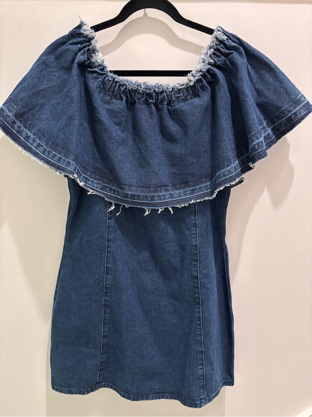 J.O.A. Frayed Off-Shoulder Denim Mini Dress - Blue